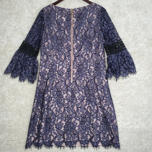 Eliza J Dress Womens 12 Sheath 3/4 Bell Sleeves Lace Lined Scallop Edge Purple - Picture 10 of 16